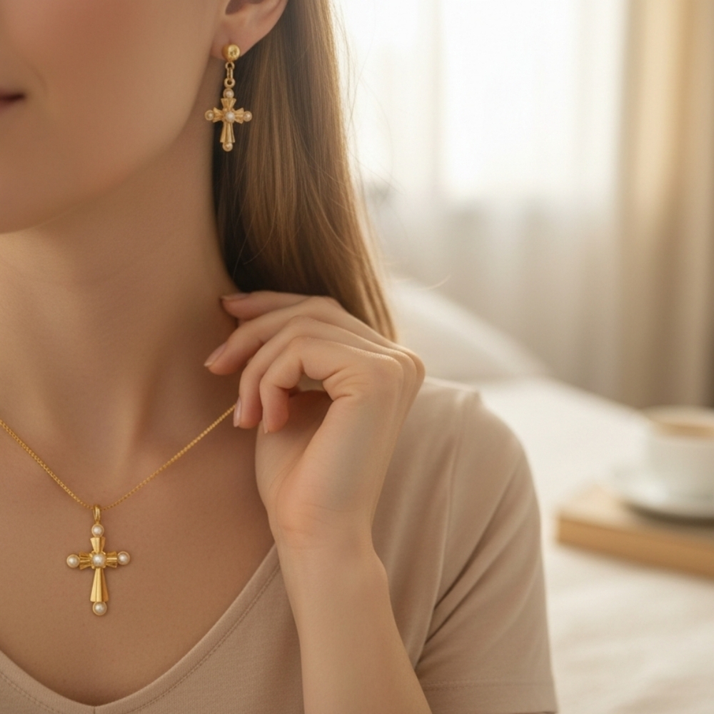 Vintage Avon Cross Necklace & Earrings Set w/ Faux Pearls – 1980